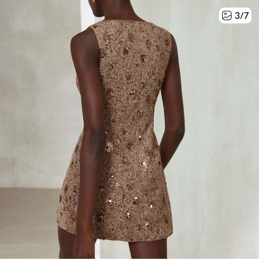 Brown Party Women's Mixed Tweed Fabric With Sequins Design mini Dress. - Picture 6 of 13